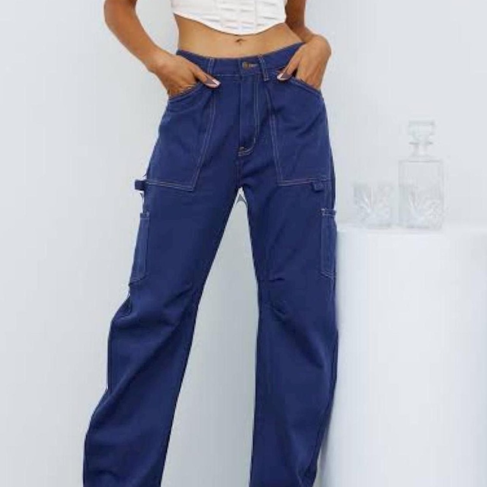 Lioness Womens Pants XS Blue Miami Vice Dark Denim High Rise Utility Cargo